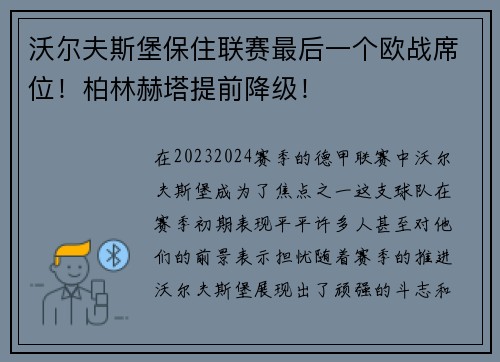 沃尔夫斯堡保住联赛最后一个欧战席位！柏林赫塔提前降级！