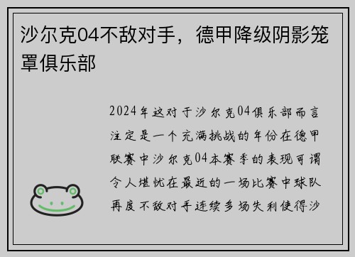 沙尔克04不敌对手，德甲降级阴影笼罩俱乐部