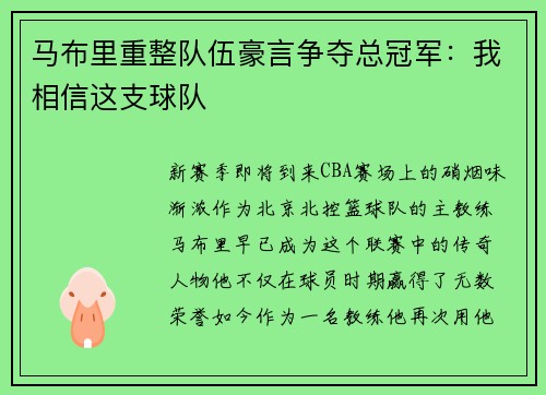 马布里重整队伍豪言争夺总冠军：我相信这支球队
