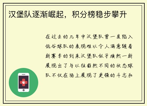 汉堡队逐渐崛起，积分榜稳步攀升
