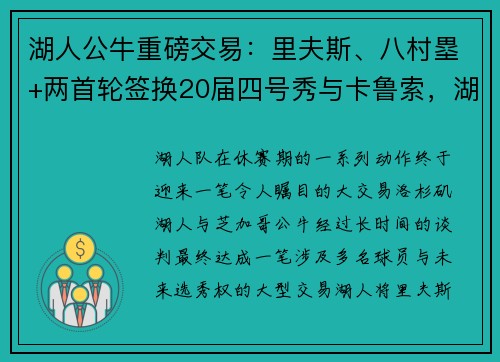 湖人公牛重磅交易：里夫斯、八村塁+两首轮签换20届四号秀与卡鲁索，湖人重组阵容迎来新希望！