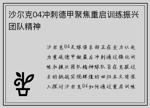 沙尔克04冲刺德甲聚焦重启训练振兴团队精神
